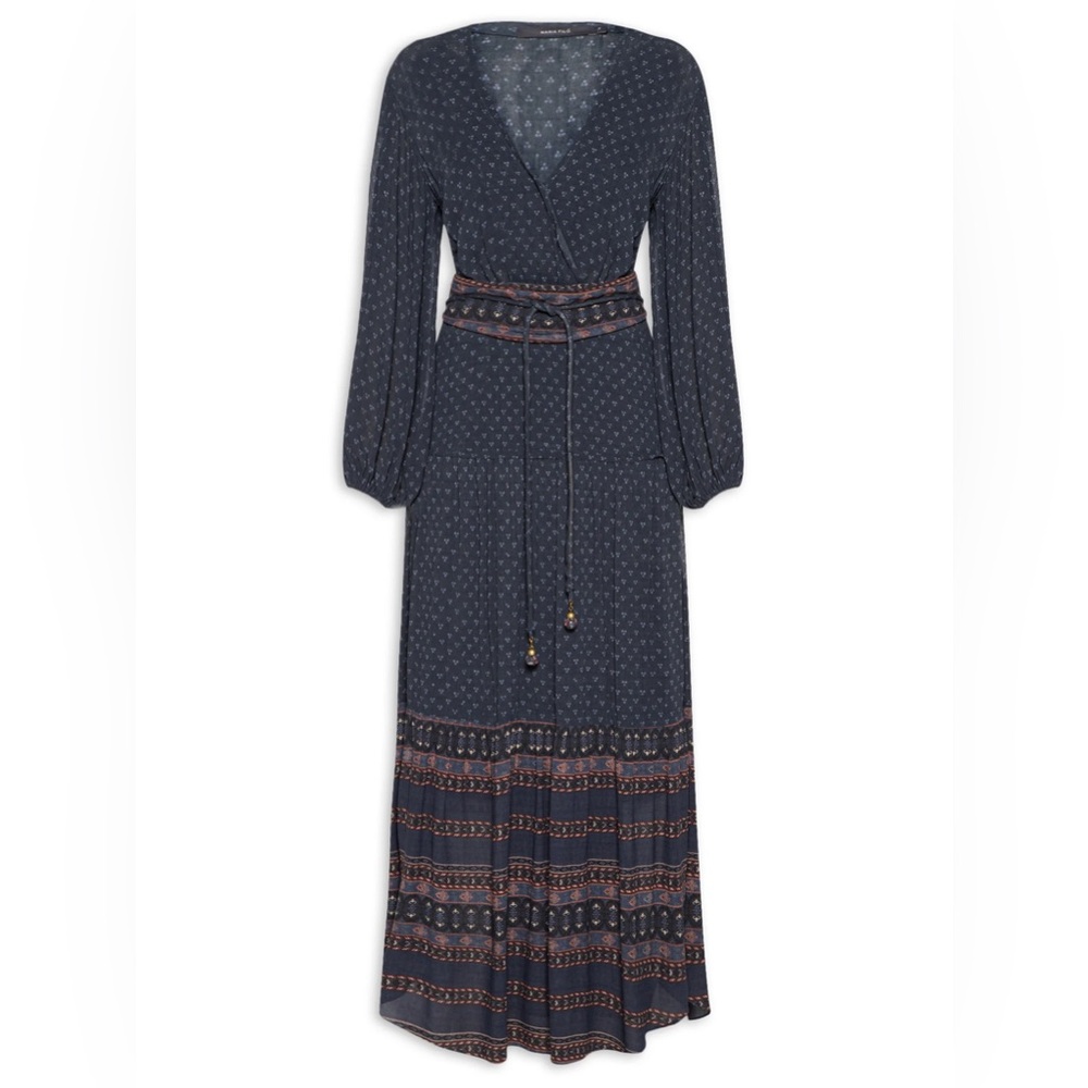 Patterned Navy Long Sleeve Wrap Maxi Dress - Picture 3 of 7
